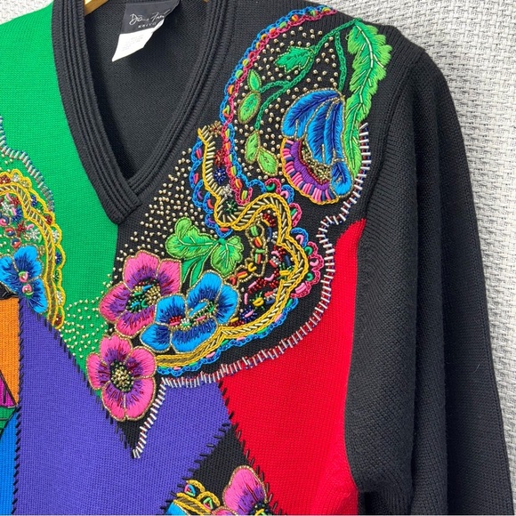 Vtg 1980’s Diane Freis 100% Merino Wool Colorful Sweater Women Sz Med Eclectic - Picture 2 of 9